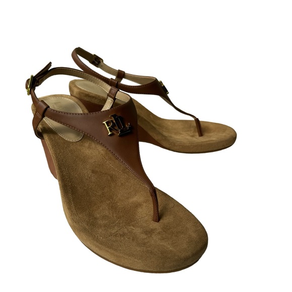 Ralph Lauren Shoes - Ralph Lauren Tan Jeannie Faux Leather Gold Logo Wedge Sandal